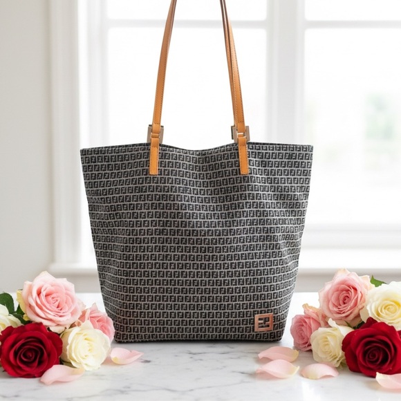 Fendi Handbags - Authentic FENDI Vintage Zucchino Monogram Canvas Tote Bag Tan Leather -COA